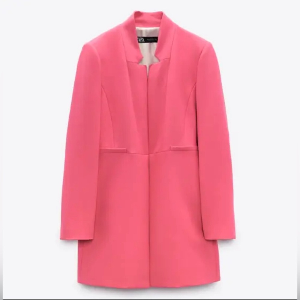 NWT ZARA WOMEN FITTED INVERTED LAPEL FROCK COAT LONG BLAZER PINK